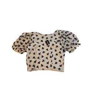 Hot Topic Ivory Crop Blouse Sheer Puff Sleeve Black Glitter Mushrooms Womens  XL
